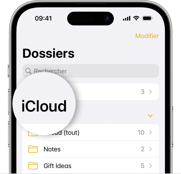 iPhone affichant l’écran Dossiers dans l’app Notes avec le dossier iCloud mis en évidence