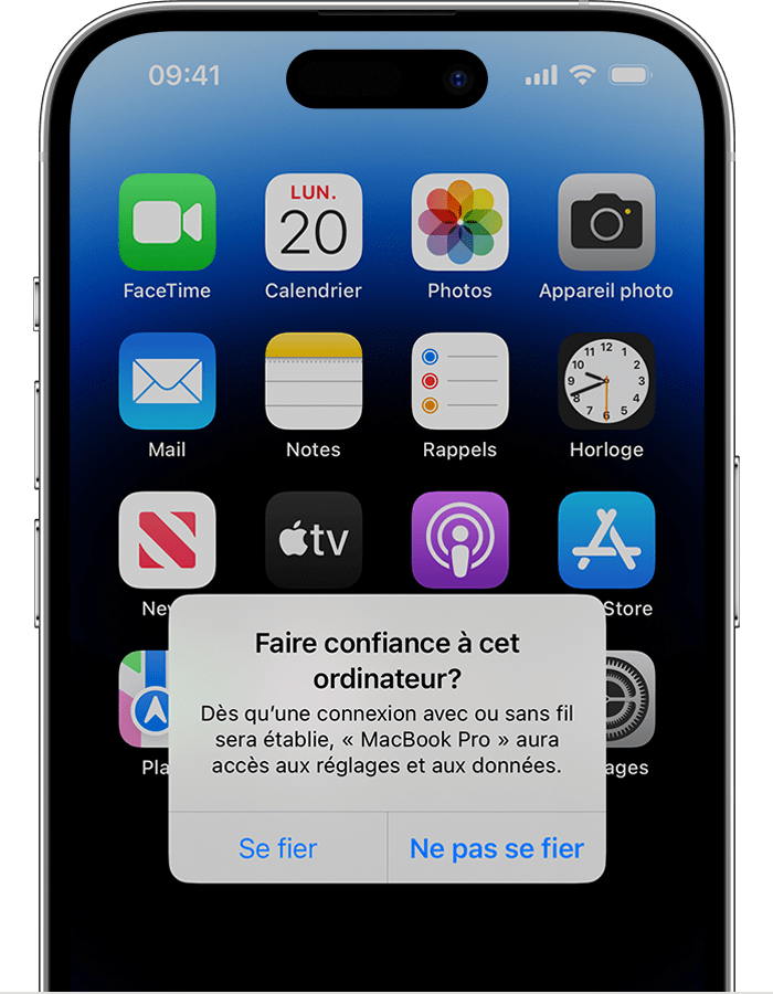 Un écran d’iPhone affichant l'alerte « Faire confiance à cet ordinateur? » 