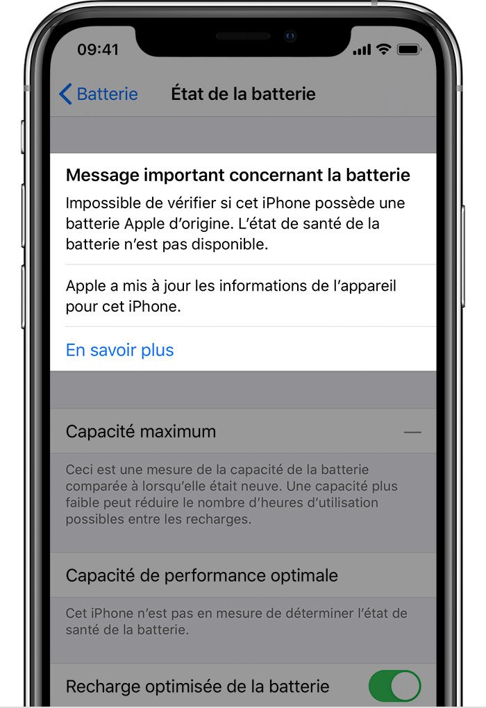 Image montrant un message indiquant qu’iPhone ne peut pas vérifier que la batterie est une batterie Apple authentique