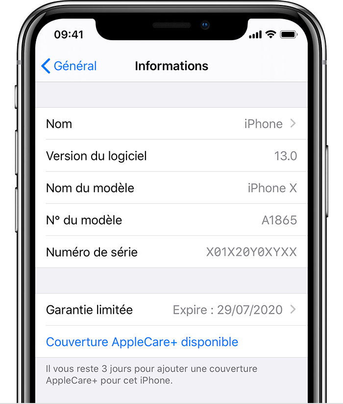 iPhone affichant Couverture AppleCare+ disponible dans Réglages.