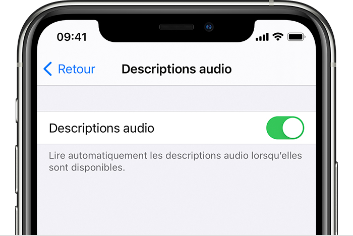 Le bouton Descriptions audio dans Réglages sur iPhone