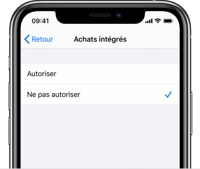 Écran Réglages d’iPhone avec Achats intégrés définis sur « Ne pas autoriser »