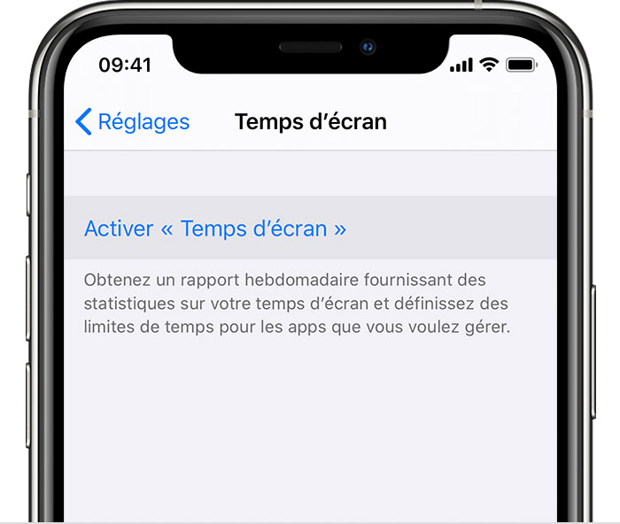 Réglages d’iPhone avec l’option « Activer Temps d’écran » sélectionnée