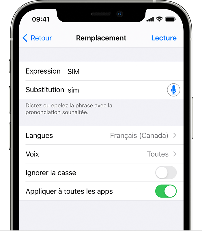 Écran d’iPhone affichant SIM dans le champ Expression et la prononciation de SIM dans le champ Substitution. 
