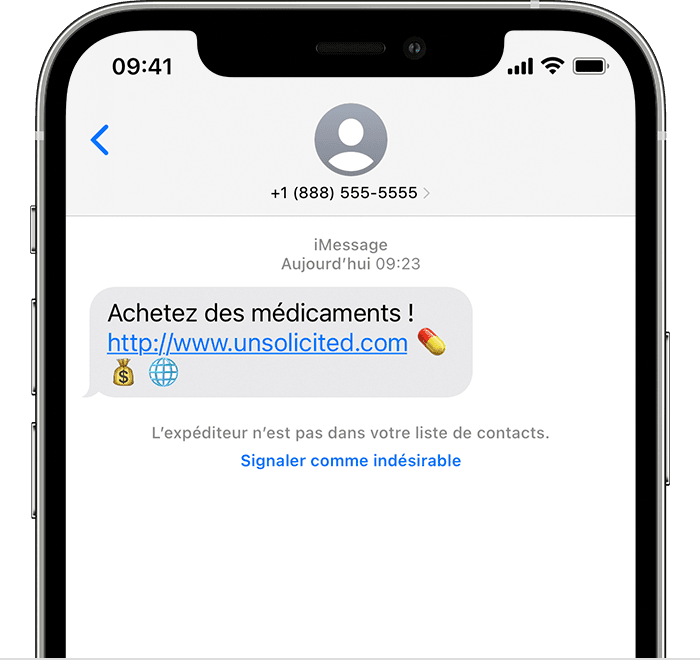 iPhone montrant comment signaler des messages indésirables dans l’app Messages