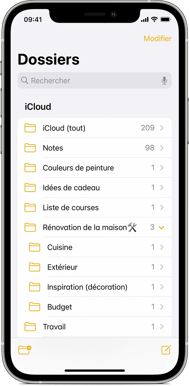 iPhone montrant comment créer un dossier dans l’app Notes.