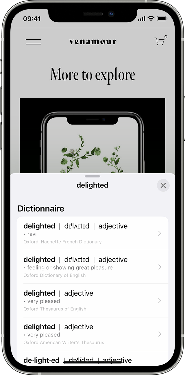 Un utilisateur d’iPhone recherche le mot « delighted » dans un dictionnaire après avoir utilisé Texte en direct pour identifier le mot dans une photo