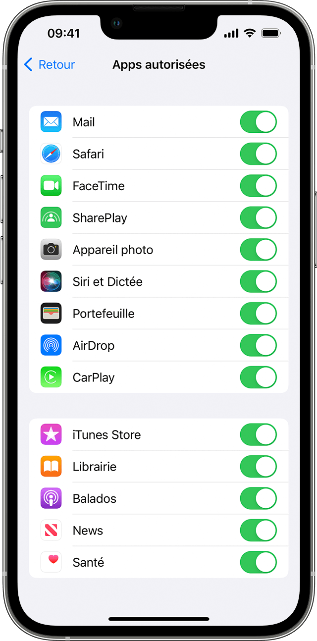Un iPhone affichant l’écran des apps autorisées. Les apps sélectionnées sont activées.