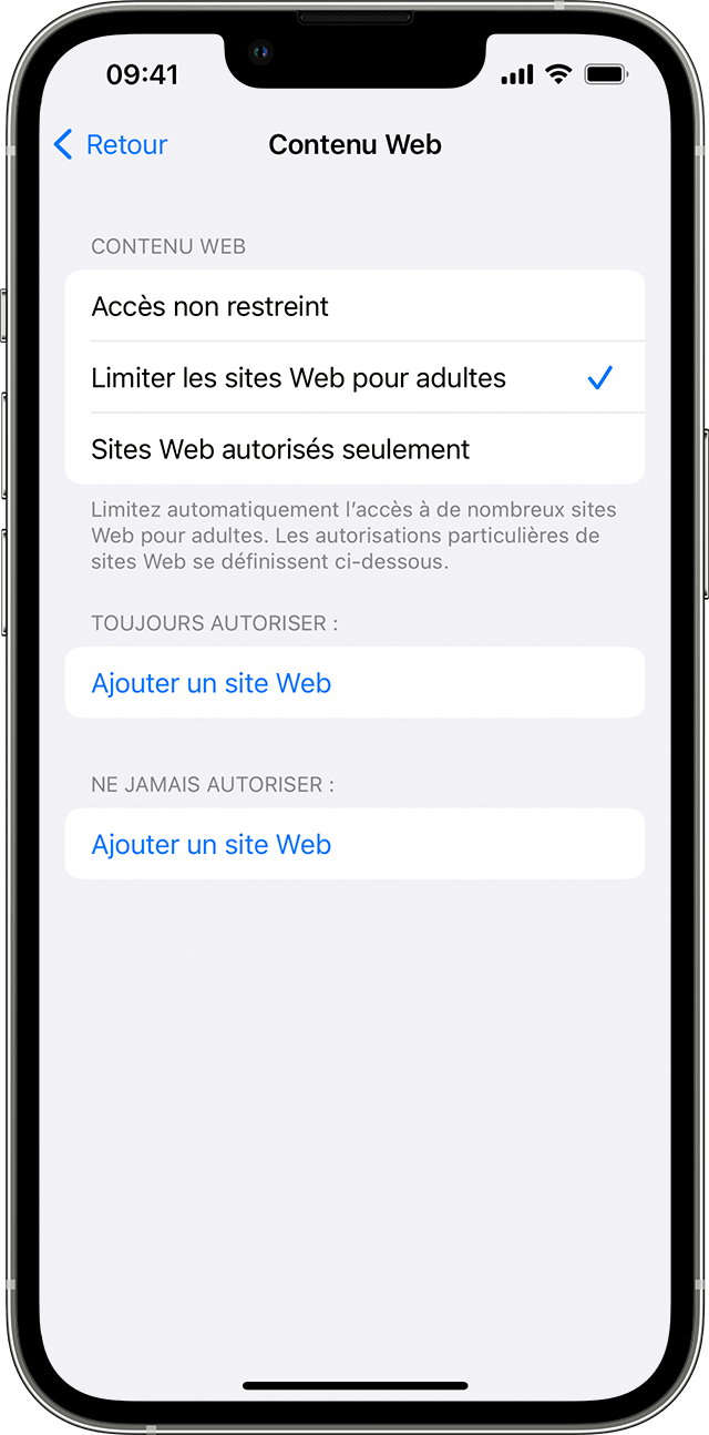 Un iPhone affichant l’écran Contenu Web. Sous Contenu Web, l’option Limiter les sites Web pour adultes est sélectionnée et cochée.