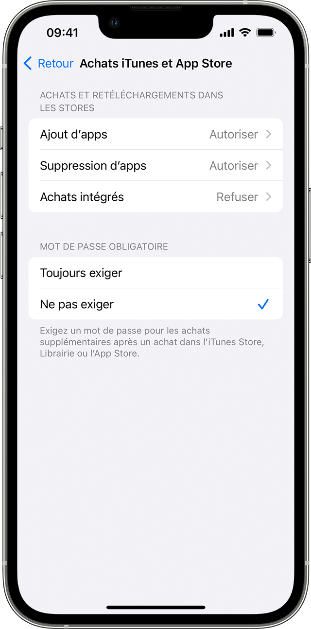 Un iPhone affichant l’écran Achats de l’iTunes Store et de l’App Store. Sous Exiger le mot de passe, l’option Ne pas exiger est sélectionnée et cochée.