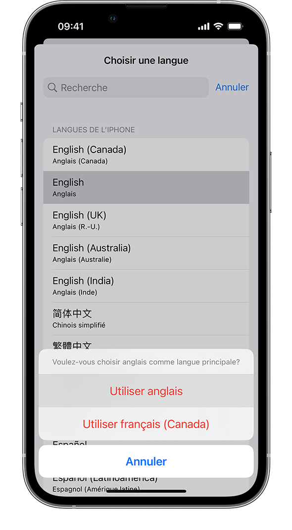 Un iPhone affichant l’alerte « Voulez-vous choisir Français comme langue principale? » Les options affichées sont Utiliser Français, Utiliser Anglais (É.-U.) et Annuler.