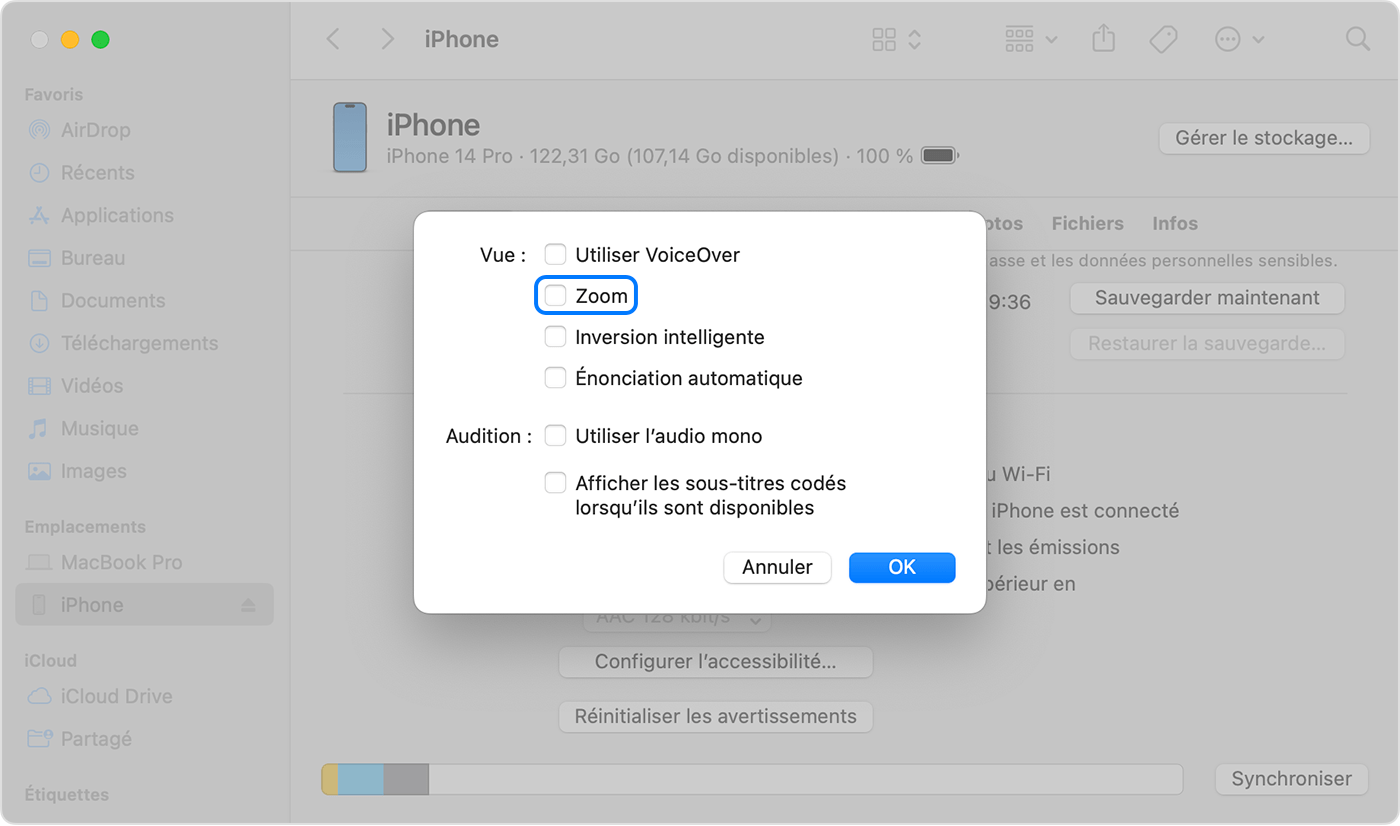 Une fenêtre du Finder affichant les options permettant d’activer ou de désactiver le zoom avec un iPhone connecté