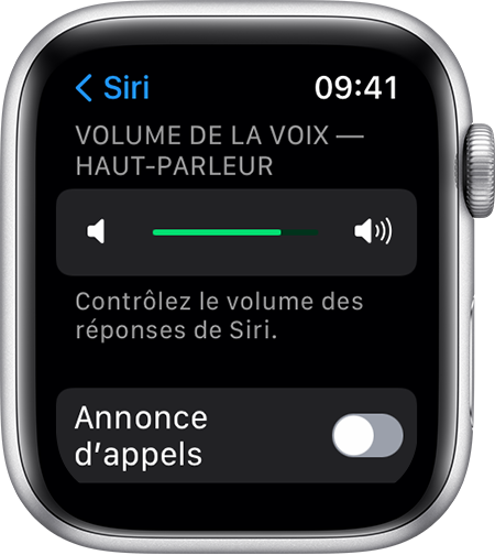 Capture d’écran watchOS de Volume de la voix – Haut-parleur