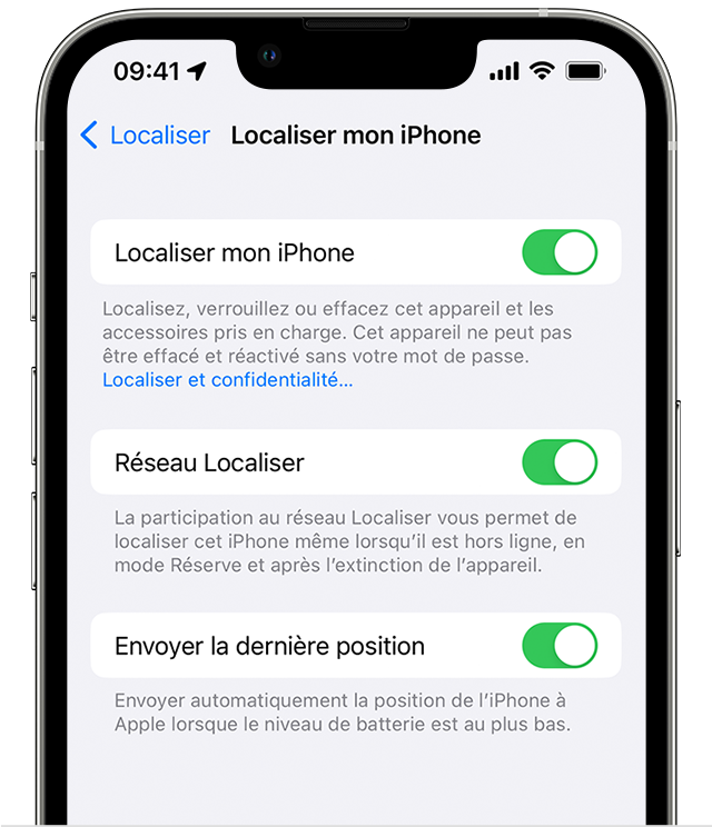 Sur iPhone, vous pouvez activer Localiser dans l’app Réglages.