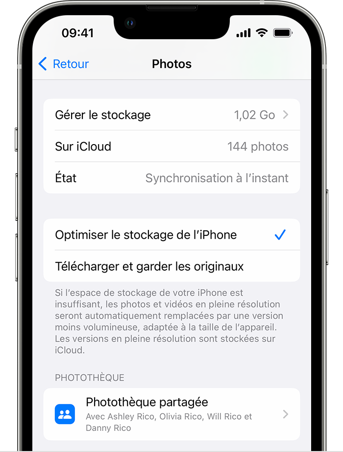 Un iPhone affichant les réglages de Photos pour iCloud, y compris les options Optimiser le stockage de l’iPhone ou Télécharger et garder les originaux