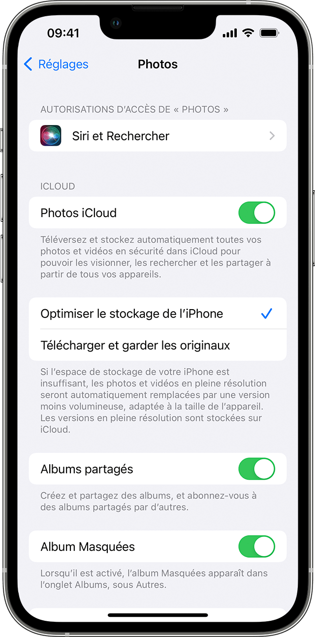 Réglages de photos iPhone avec l’option Photos iCloud activée