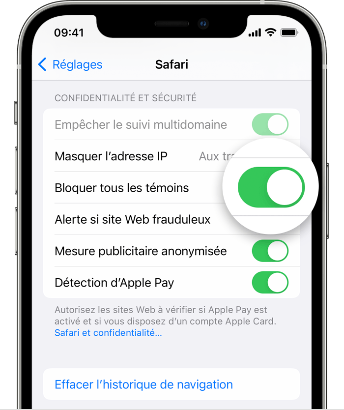 Réglages Safari sur iPhone avec l’option Bloquer tous les témoins activée