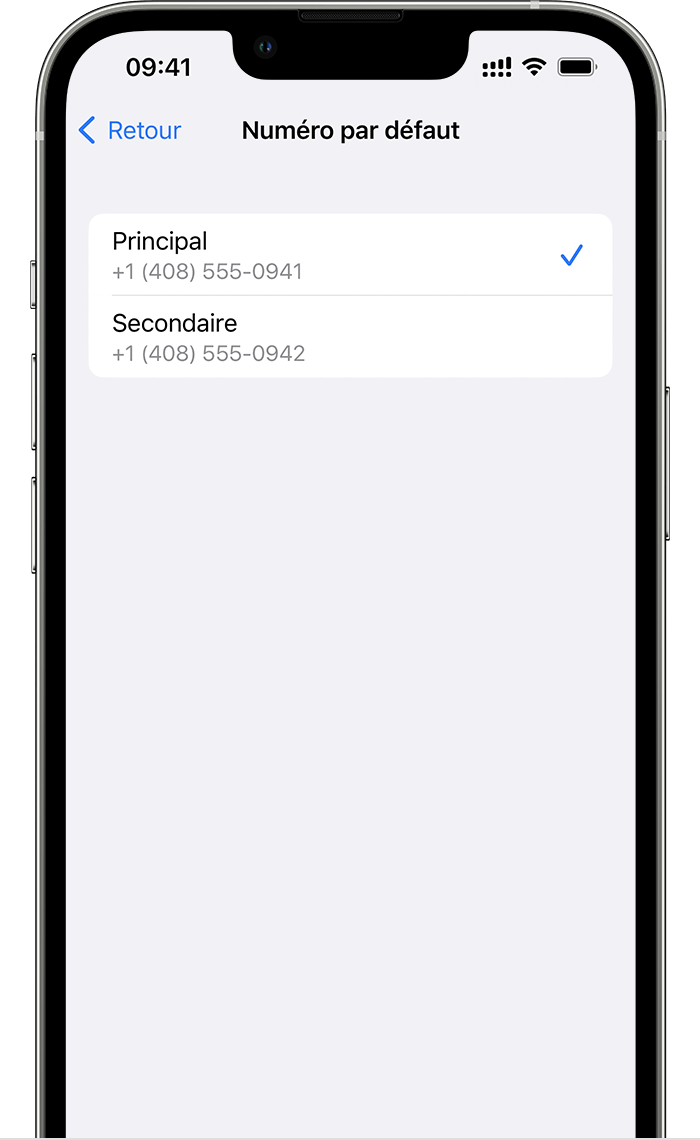 Écran d’iPhone montrant un numéro de téléphone sélectionné en tant que ligne vocale principale par défaut