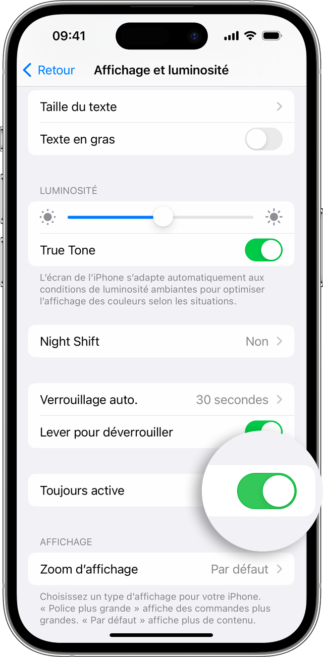 Utiliser l’affichage toujours actif avec votre iPhone 14 Pro ou iPhone 14 Pro Max Assistance