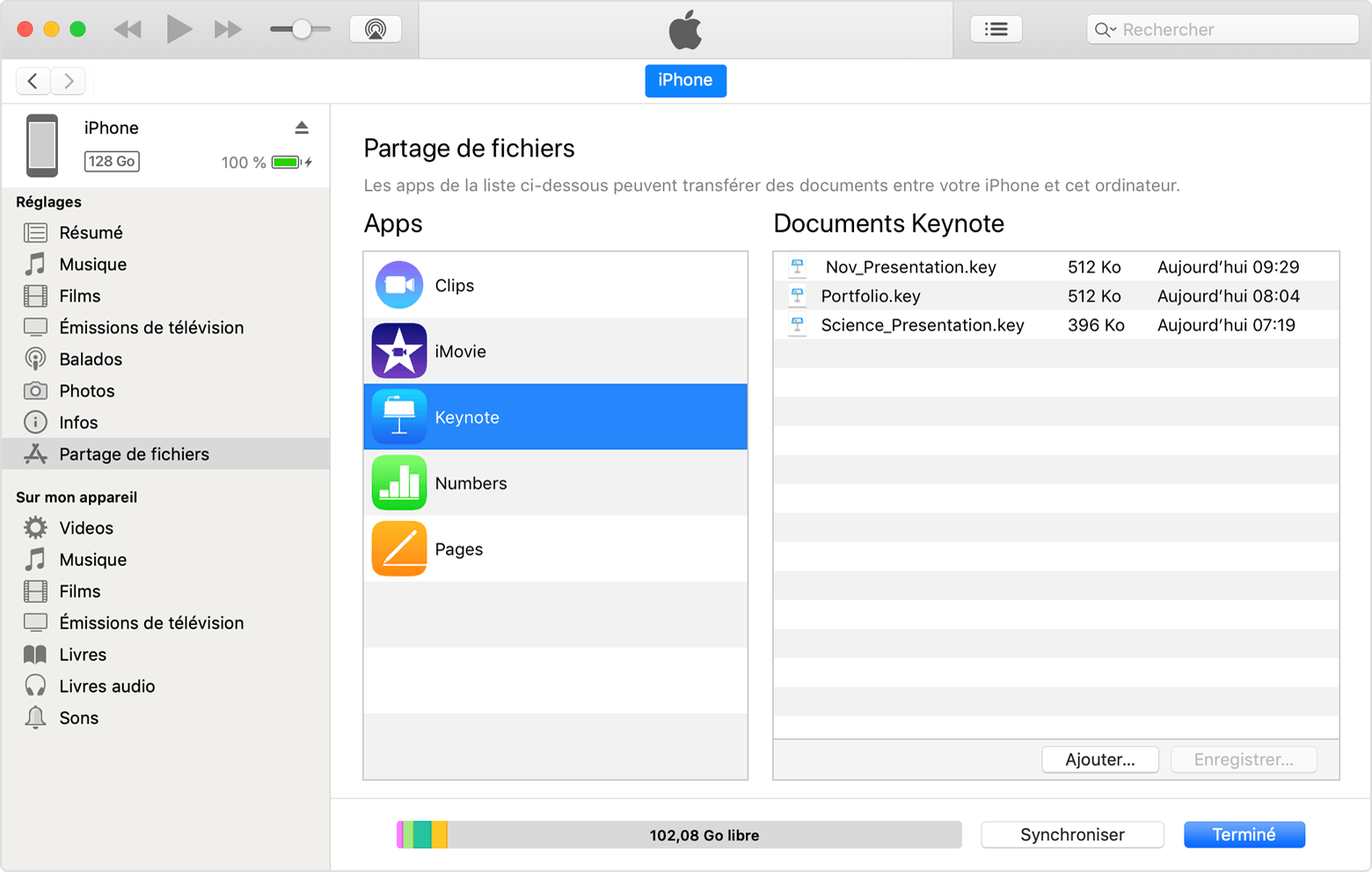 Fenêtre iTunes montrant des documents Keynote pouvant être partagés.