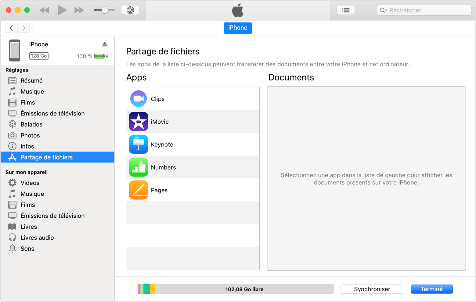 Fenêtre iTunes avec un iPhone connecté et le partage de fichiers sélectionné dans la liste.