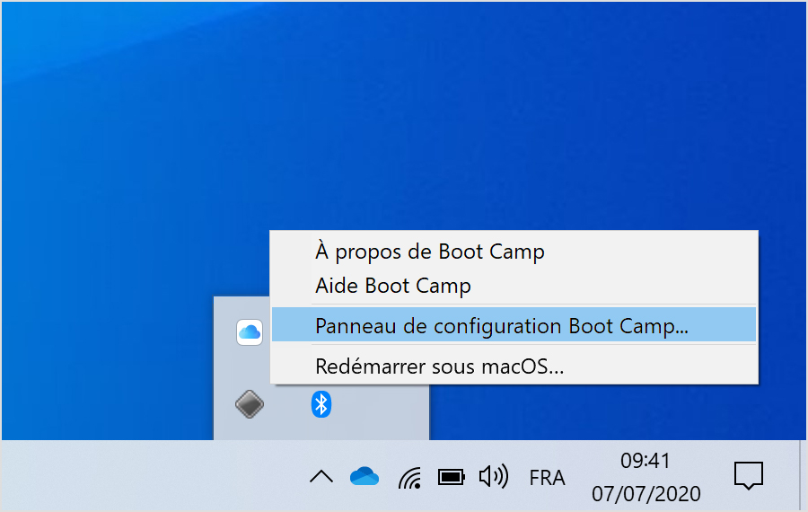 menu Boot Camp avec le Panneau de configuration Boot Camp sélectionné