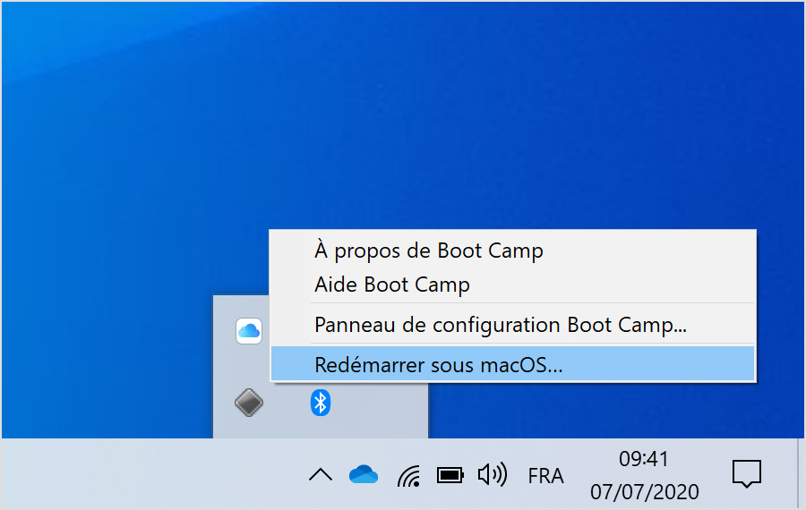 Menu Boot Camp dans Windows 10