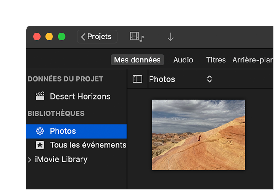 Projet iMovie sur Mac avec le navigateur My Media (Mon contenu multimédia) ouvert