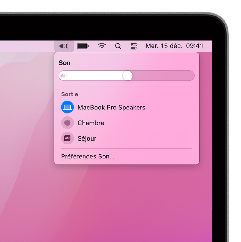 Capture d’écran macOS du menu de volume Mac. 