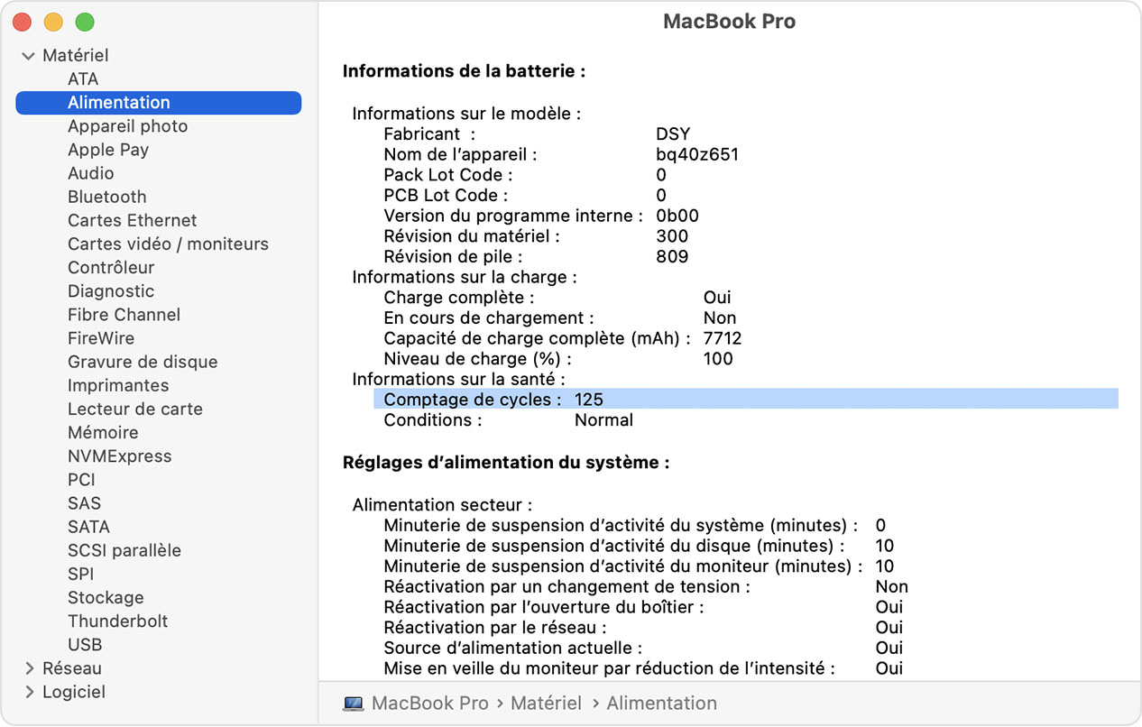 Fenêtre Informations système du MacBook Pro avec le nombre de cycles de la batterie indiqué en surbrillance