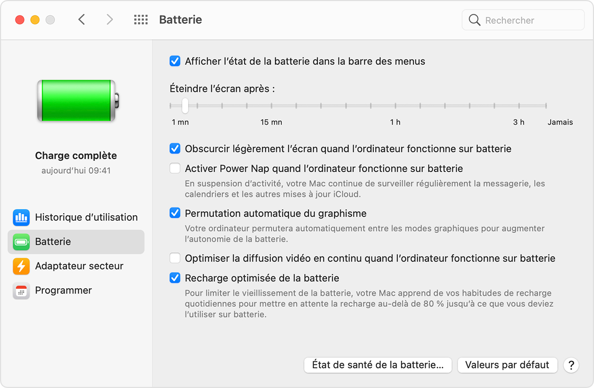 Fenêtre Préférences Batterie de macOS avec l’option « Permutation automatique du graphisme » sélectionnée