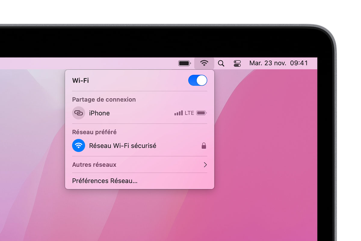 Bureau Mac avec les options de la barre des menus Wi-Fi affichées