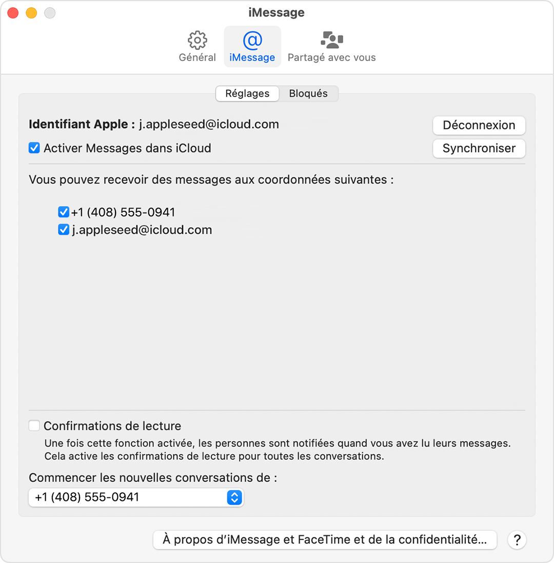 Écran de Mac montrant comment activer ou désactiver votre numéro de téléphone pour votre Mac