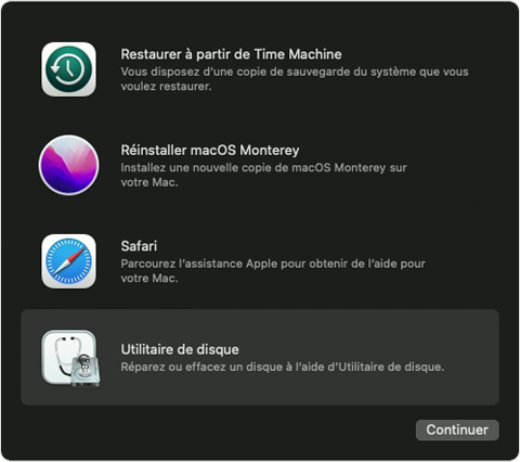 Fenêtre de l’utilitaire de récupération de macOS avec Utilitaire de disque sélectionné