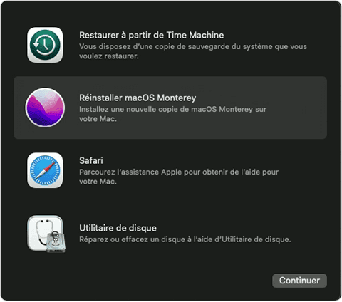 Options de récupération de macOS avec l’option « Réinstaller macOS Monterey » sélectionnée