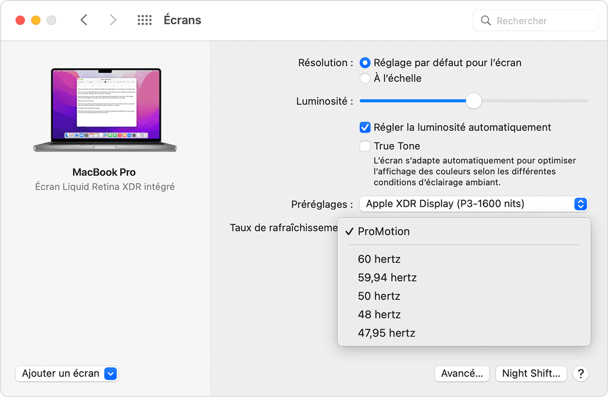 Modifiez le taux de rafraîchissement sur votre MacBook Pro ou votre écran  Pro Display XDR d'Apple. – Assistance Apple (CA)