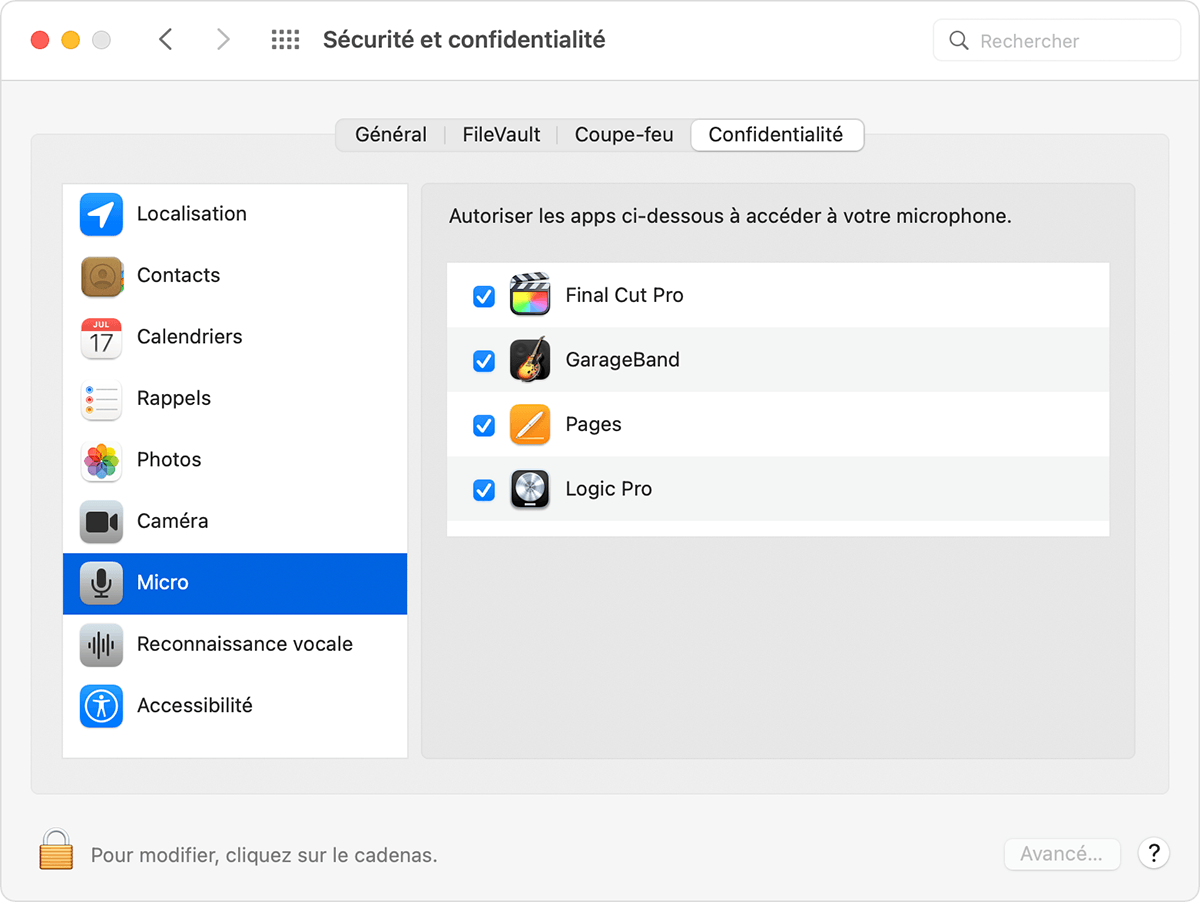 Onglet Confidentialité des préférences de sécurité et de confidentialité de macOS avec le micro sélectionné