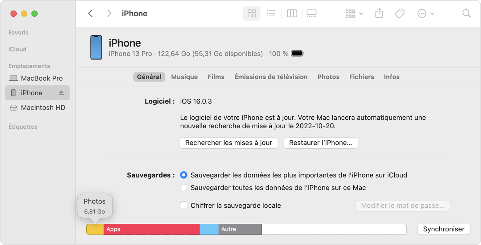 Écran de Mac montant comment utiliser le Finder pour vérifier l’espace de stockage de votre appareil iOS