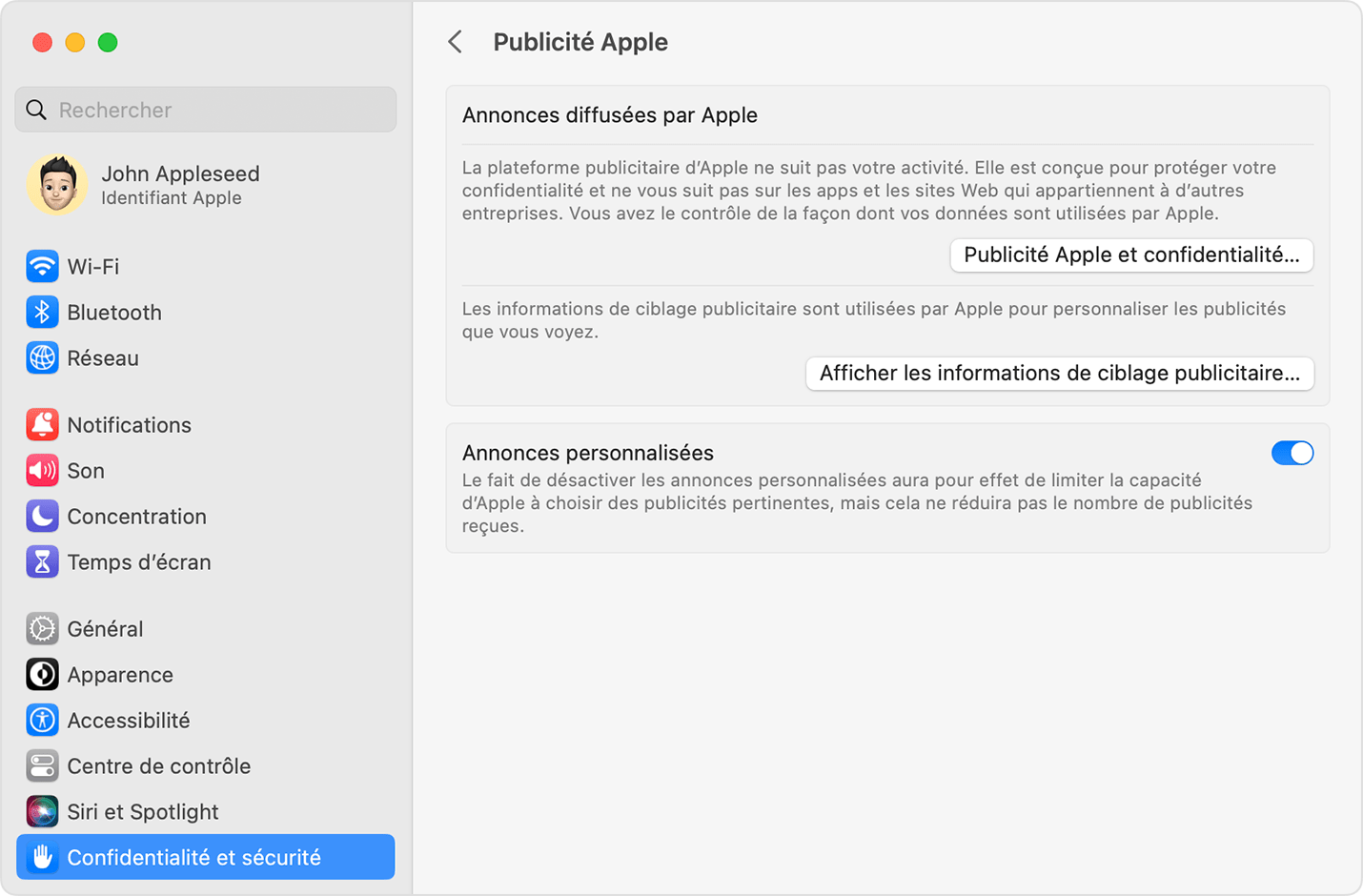 Dans Réglages système sous macOS, désactivez Annonces personnalisées