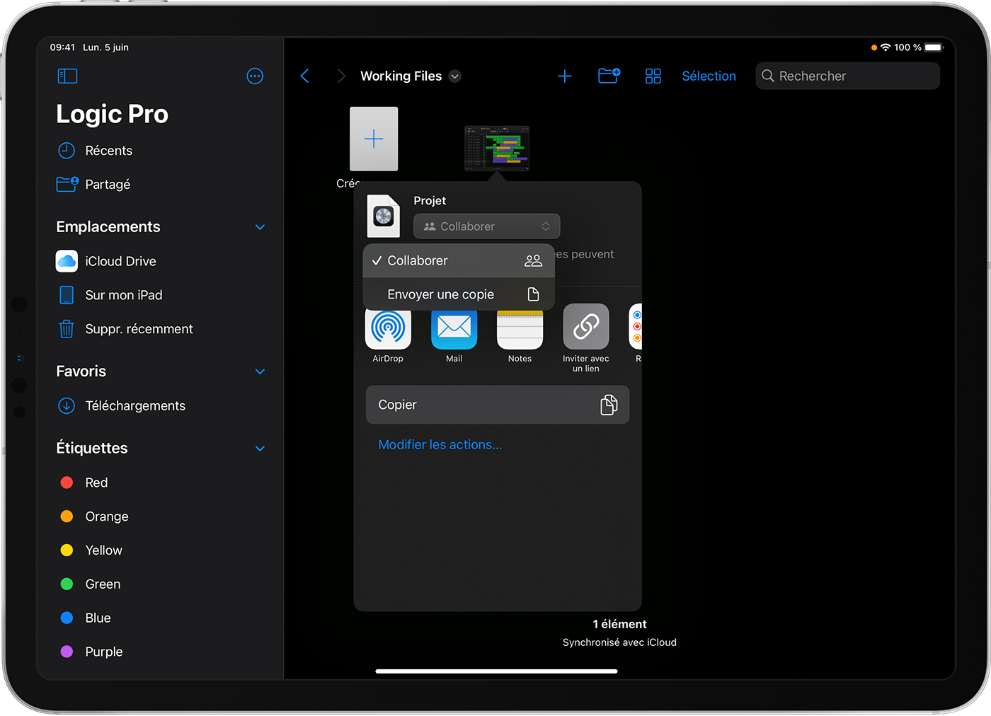 Dossier par défaut de Logic Pro pour iPad avec la fenêtre de partage montrant Collaborer sélectionné dans le menu contextuel