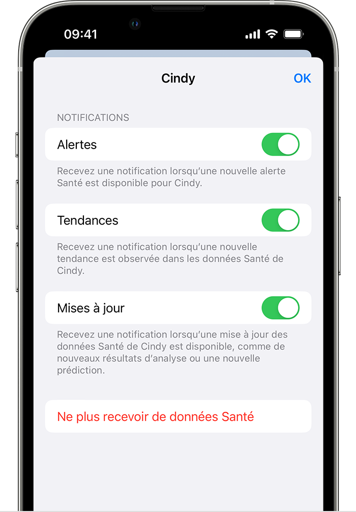 Écran d’iPhone affichant les options permettant de désactiver les alertes, les tendances ou les mises à jour lors du partage de données de santé avec une autre personne