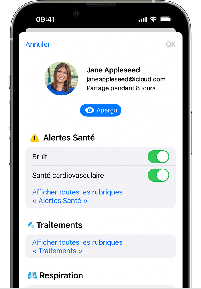 Écran d’iPhone affichant les rubriques de santé disponibles que vous pouvez ajouter ou arrêter de partager