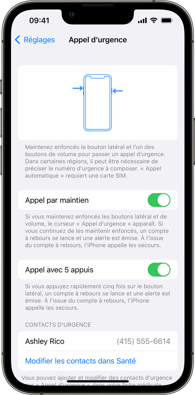 iPhone affichant l’écran d’Appel d’urgence vous permettant d’activer les appels automatiques aux services d’urgence