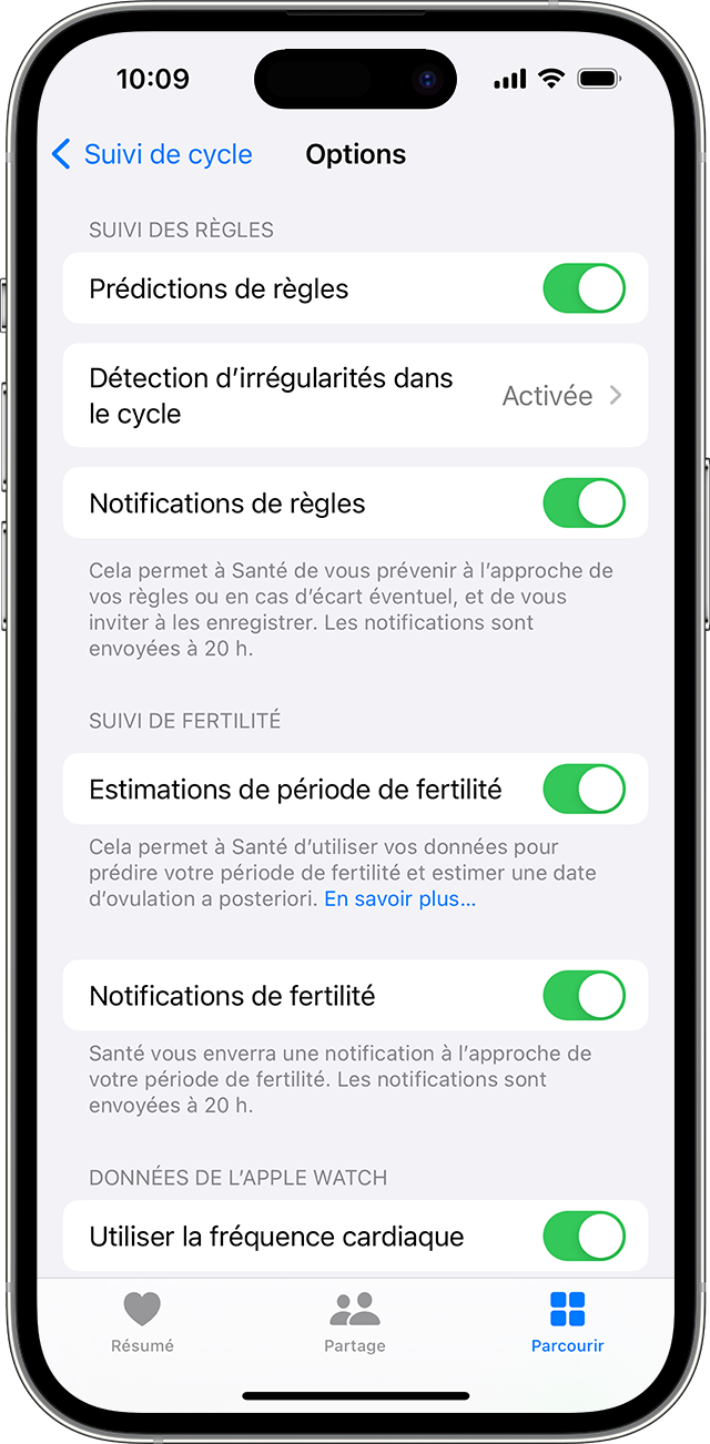 Options de suivi de cycle pour les notifications sur le suivi des règles et de la fertilité sur l’iPhone