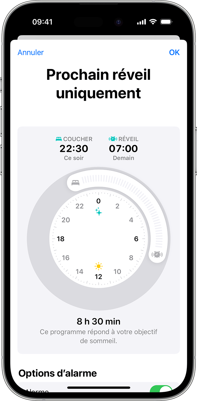 Écran d’iPhone affichant les options pour modifier le prochain réveil uniquement