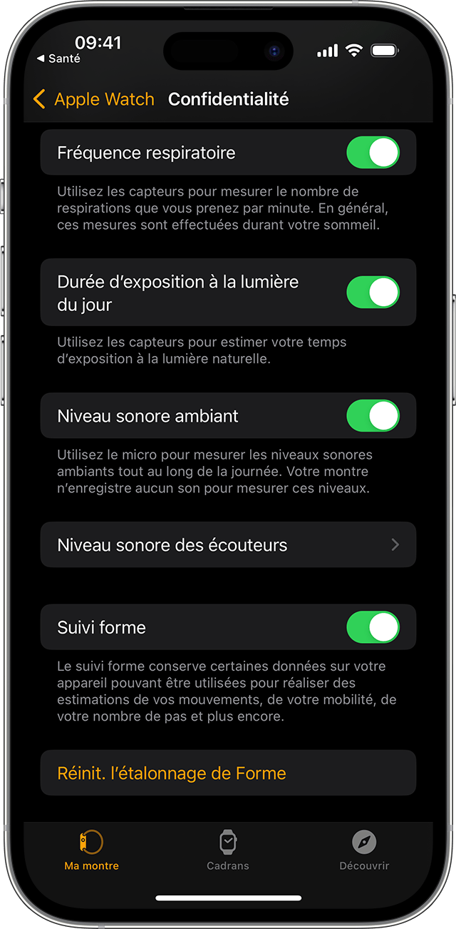 Options de confidentialité disponibles dans l’app Apple Watch sur iPhone.