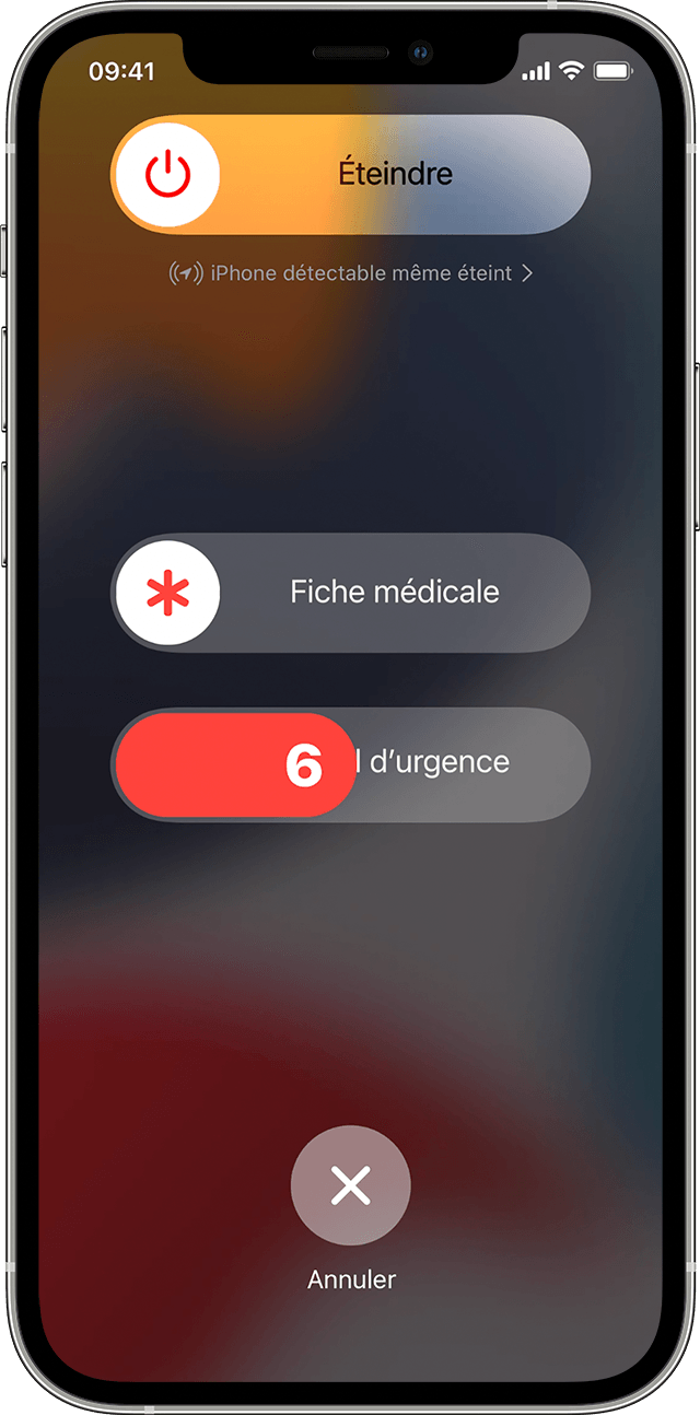 Un iPhone montrant les curseurs Éteindre, Fiche médicale et Appel d’urgence. Le curseur Appel d’urgence affiche un compte à rebours.