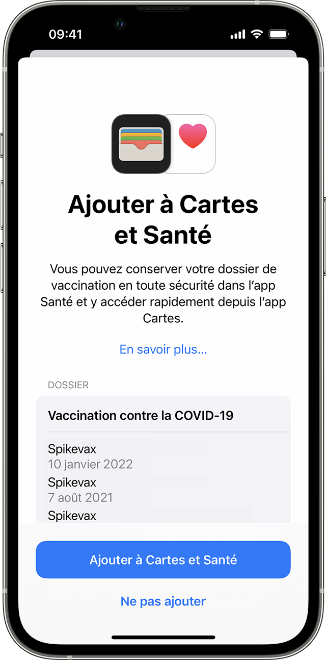 Écran d’iPhone présentant un dossier de vaccination contre la COVID-19 à ajouter aux apps Cartes et Santé