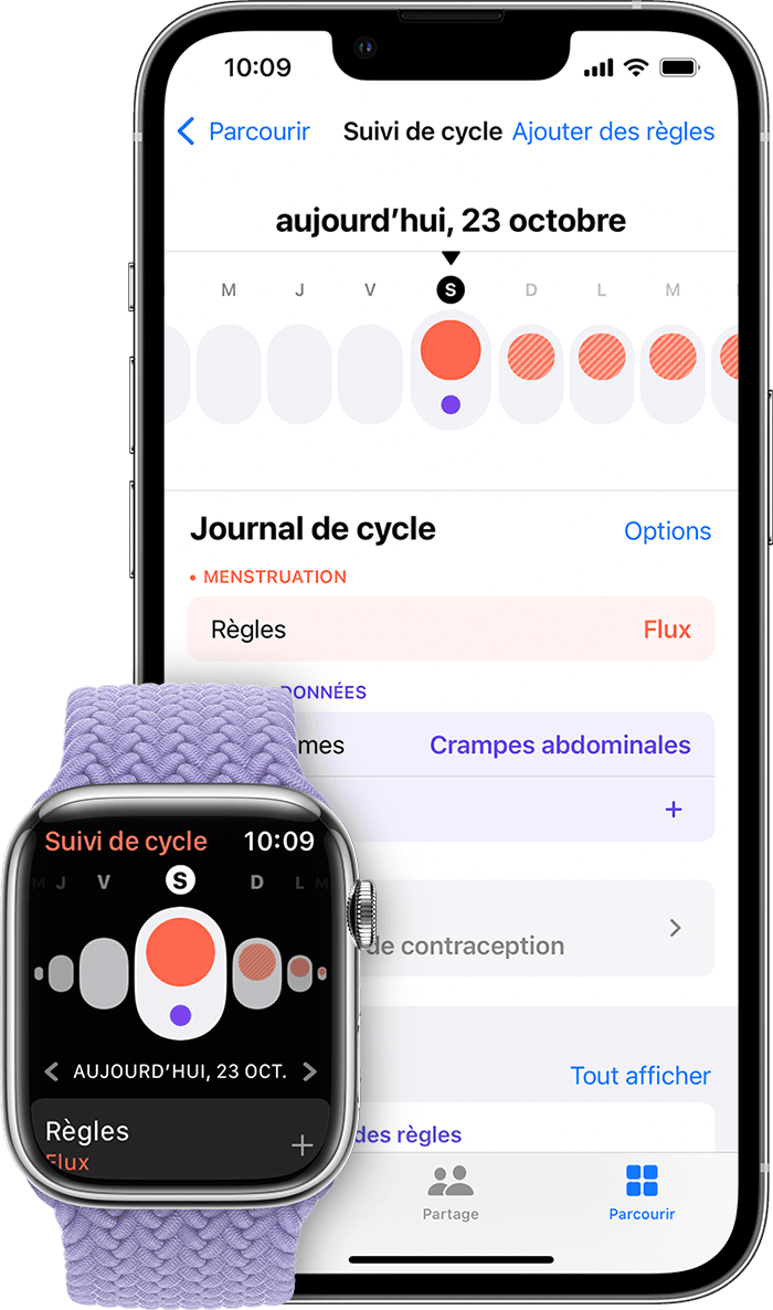 L’app Suivi de cycle sur Apple Watch et l’app Santé sur iPhone