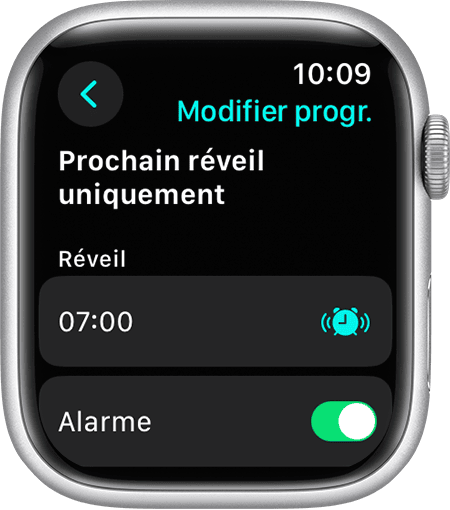 Écran d’Apple Watch affichant les options de modification du prochain réveil uniquement